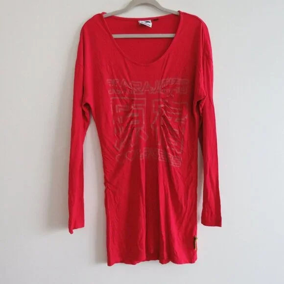 VINTAGE Y2K HARAJUKU LOVERS Red Stretch Logo Ruched Tunic Dress  - Size L - Picture 2 of 14